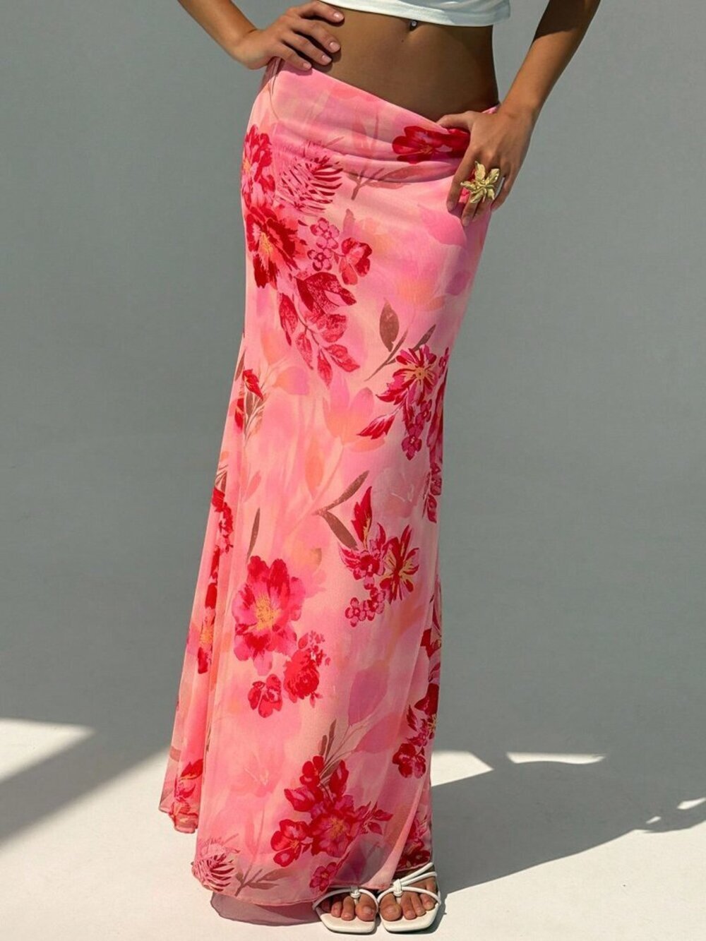 Pink Boho Women's Elegant Floral Print Low Waist Skirt - Picture 3 of 6